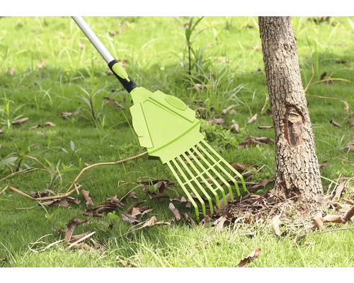 Gartenrechen zum Entfernen von Laub auf Rasenfläche neben Baumstamm