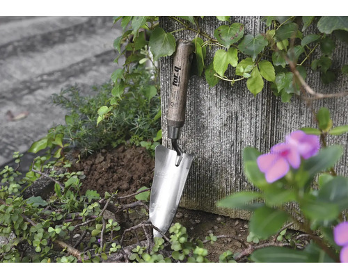 Edelstahllöffel mit Holzgriff im Gartenbeet