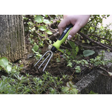Gartenharke im Einsatz in einem Beet mit Pflanzen