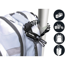 Master Lock Logo, Gepäcksicherung mit Zahlencode und Spiralkabel an einem Rucksack befestigt. Icons für Sporttasche, Sportausrüstung, Rucksack und Trolley.
