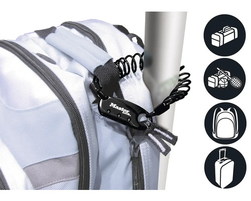 Master Lock Logo, Gepäcksicherung mit Zahlencode und Spiralkabel an einem Rucksack befestigt. Icons für Sporttasche, Sportausrüstung, Rucksack und Trolley.