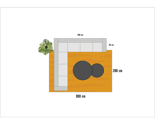 Draufsicht einer Wohnzimmereinrichtung mit Ecksofa, Couchtischen und Zimmerpflanze mit Maßangaben
