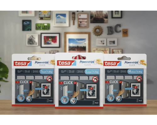 Tesa Powerstrips Click in den Größen Small, Medium und Large zur Befestigung von Gegenständen