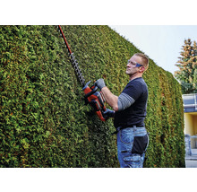 Ein Mann schneidet eine Hecke mit einer Heckenschere und trägt dabei eine Schutzbrille.