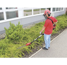 Eine Person schneidet mit einer Heckenschere eine Hecke