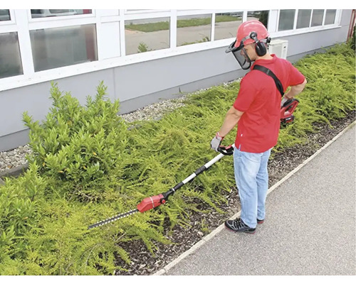 Eine Person schneidet mit einer Heckenschere eine Hecke