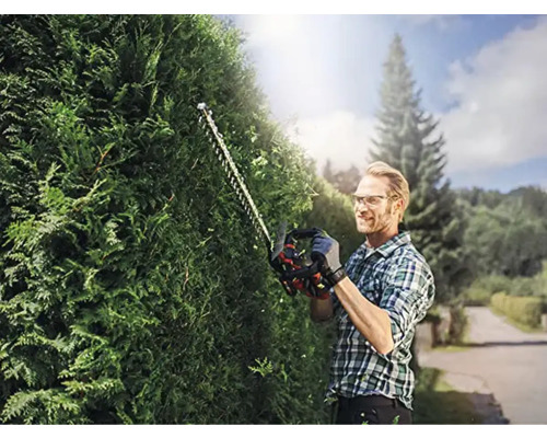 Mann schneidet Hecke mit einer Heckenschere im Garten.