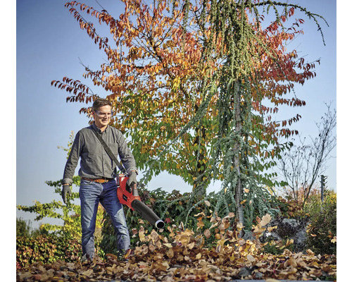 Mann benutzt Laubbläser im Garten, um Laub zu entfernen.
