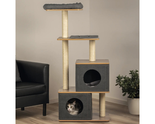 Katzenbaum mit Liegeflächen, Kratzsäulen und Katzenhaus