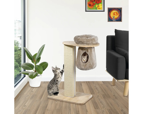 Katze kratzt an einem Kratzbaum mit Liegefläche und Höhle