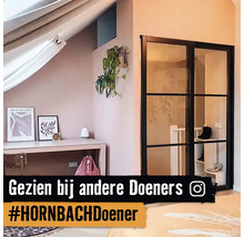 Dachzimmer mit Schreibtisch, Dekoration, Zimmerpflanze und Glastür mit schwarzem Rahmen
