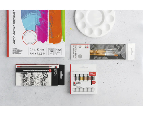 Acrylfarben, Pinsel, Bleistifte, Palette und Acrylpapier für Künstlerbedarf