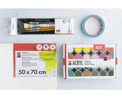 Set mit Leinwand, Acrylfarben, Pinseln und Klebeband