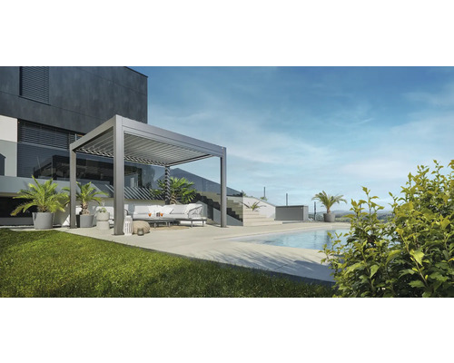 Pergola Biohort 3x3,5 inkl. beweglichen, isolierten Lamellendach für geringere Geräuschentwicklung und Wärmeabstrahlung 312 x 367,5 cm quarzgrau-metallic Terrasse mit Pergola, Gartenmöbeln und Pool im Außenbereich