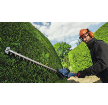 Eine Person schneidet eine Hecke mit einer Heckenschere.