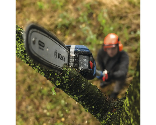 Bosch Logo auf einer Akku-Kettensäge beim Sägen eines Astes