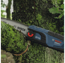 Bosch Logo. Bosch Akku-Kettensäge beim Beschneiden eines von Moos bedeckten Astes.