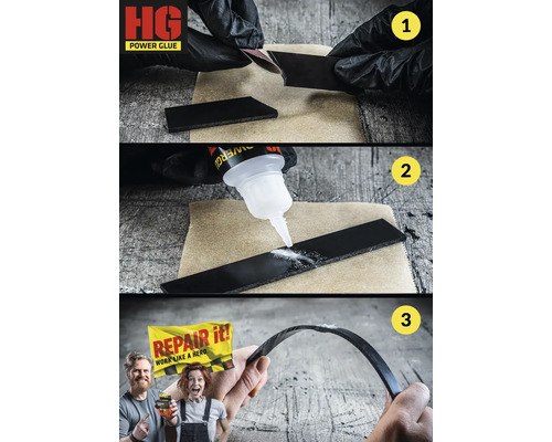 Anwendung von HG Power Glue in drei Schritten: Schleifen, Kleben, Zusammenfügen.