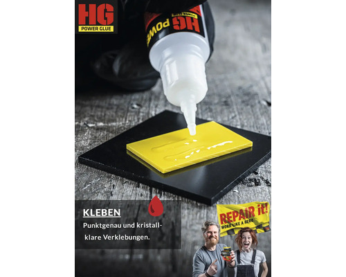 Auftragen von transparentem HG Power Glue Klebstoff auf ein gelbes Kunststoffstück