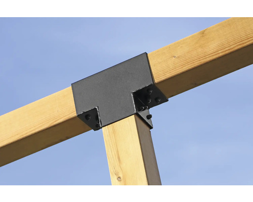 Detailansicht einer T-förmigen Holzverbinder-Konstruktion mit Schrauben.
