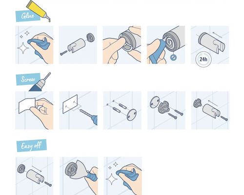 Anleitung zur Montage eines Badaccessoires mit Kleben und Schrauben