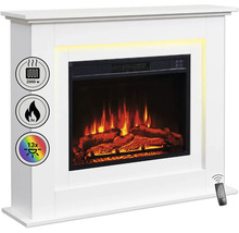 Weißer Elektrokamin mit 2000 Watt Heizleistung, dreifacher Flammeneinstellung und 13 Farben, inklusive Fernbedienung.