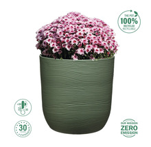 Blumentopf mit rosa blühender Pflanze, recycelbar, temperaturbeständig und mit 30 Jahren Erfahrung