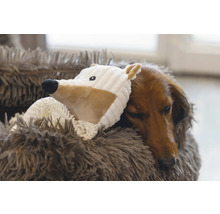 Dackel schläft mit Spielzeug in einem flauschigen Hundebett