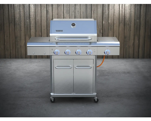 Edelstahl Gasgrill mit vier Brennern, Ablageflächen, Türen und Rädern