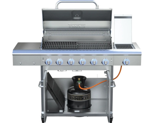 Tenkeker Gasgrill mit offener Haube und Gasflasche