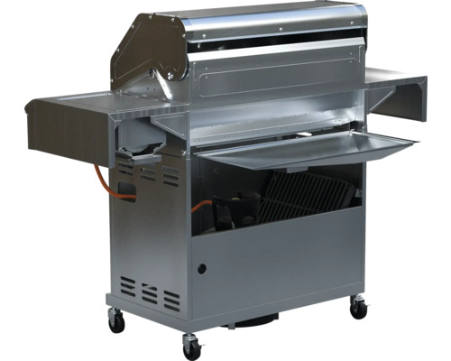 Grillwagen aus Metall mit Ablageflächen und Rollen