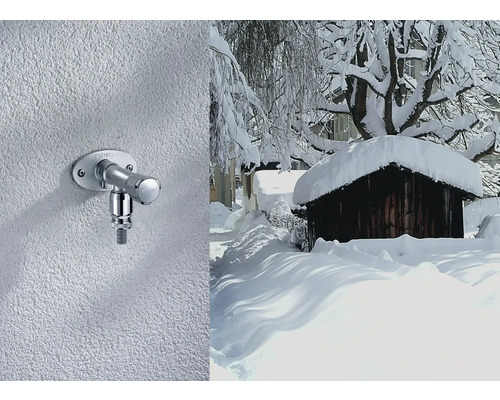 Außenwasserhahn an einer Wand und eine verschneite Hütte