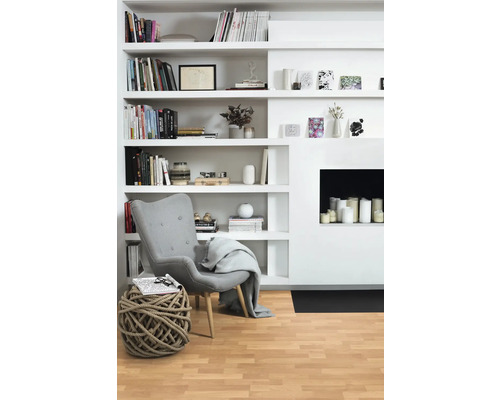 Wohnzimmer mit Bücherregal, Sessel und Dekoration