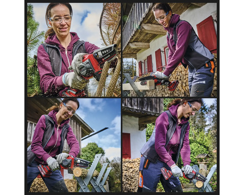 Collage: Frau arbeitet mit Akku-Kettensäge von Einhell im Garten