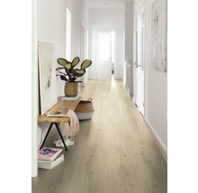 Flur mit hellem Laminatboden, Bank, Pflanze und Dekorationen