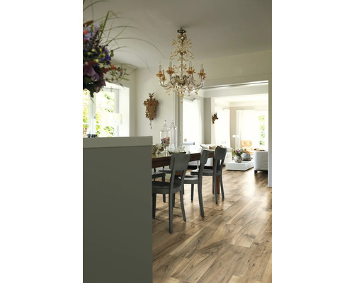 Esszimmer mit Holzboden, Esstisch, Stühlen und Kristalllüster