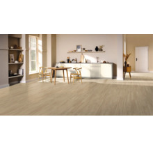 Heller Raum mit Holzboden, Holztisch und Stühlen, Küchenzeile und Regalen