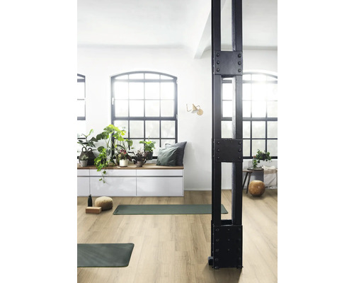 Heller Raum mit großen Fenstern, Pflanzen, Yogamatten und einer schwarzen Metallsäule