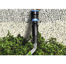 Gartenschlauch-Verbindungsstück vor einer Wand und Büschen