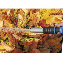 Gartenszene mit einer Handbrause, die über Blätter sprüht