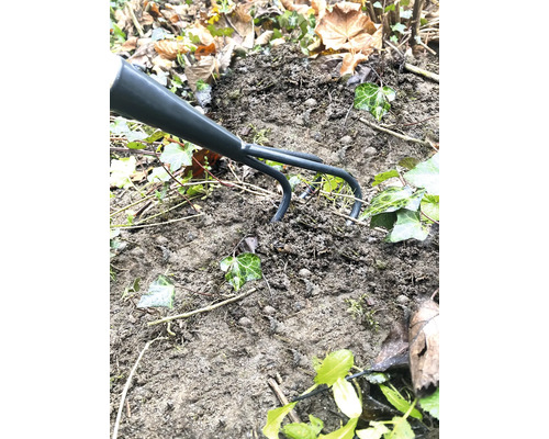 Gartenkrallengrubber im Einsatz auf einem Erdhaufen mit Efeu