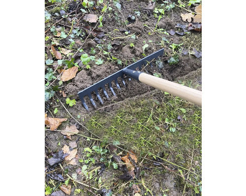 Gartenrechen mit Holzgriff beim Einebnen von Erde