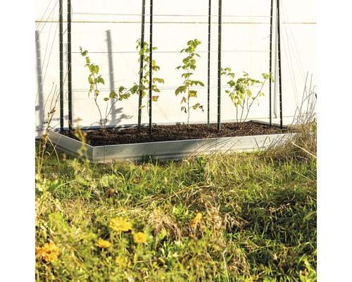 Hochbeet aus Metall mit Pflanzen und Rankhilfe im Garten.