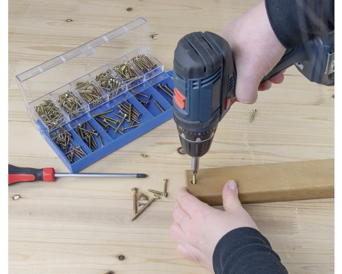Akkuschrauber beim Eindrehen einer Schraube in ein Holzstück, Schraubensortiment und Schraubendreher im Hintergrund