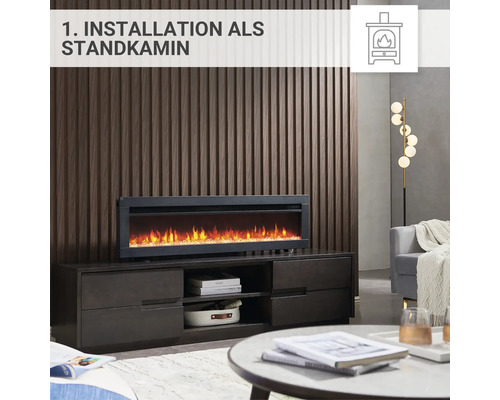 Einrichtungsidee für ein Wohnzimmer mit einem Elektrokamin als Standkamin auf einem Sideboard