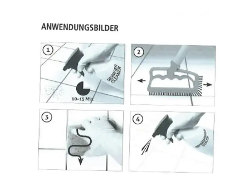Anwendungsbilder für einen Reiniger, der in vier Schritten die Anwendung zeigt