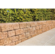 Mauer aus Betonsteinen vor einer grünen Hecke