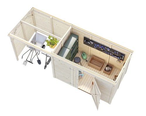 Gartenhaus mit Geräten, Werkzeugen und Gartenutensilien