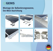 Anleitung zur Montage einer Ballastwanne mit Ost-West Ausrichtung für Solarmodule. GEMS Logo. Hergestellt in Deutschland Siegel.