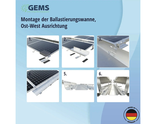 Anleitung zur Montage einer Ballastwanne mit Ost-West Ausrichtung für Solarmodule. GEMS Logo. Hergestellt in Deutschland Siegel.